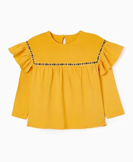 Zippy Floral Embroidered Ruffled Sleeves Top - Yellow