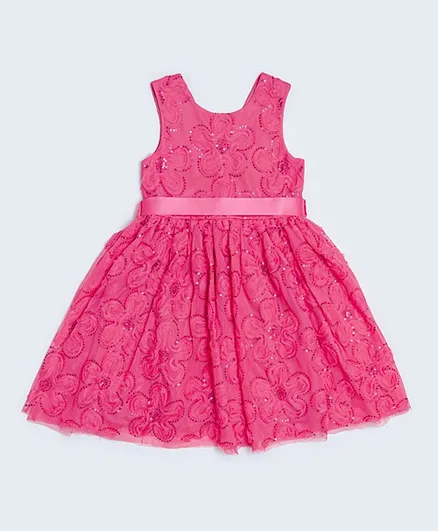 آر أند بي كيدز فستان بتطريز وتصميم واسع من الأسفل - وردي فوشي