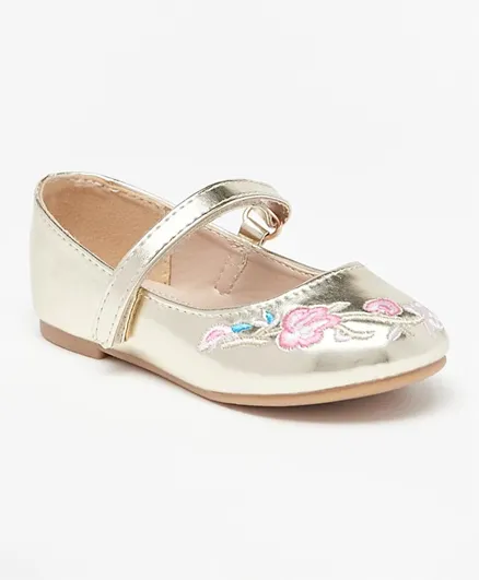 Flora Bella By Shoexpress - Embroidered Ballerinas With Hook And Loop Closure - Gold