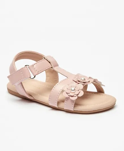Flora Bella by ShoeExpress Pearl Studded Floral Applique Strap Sandals with Hook and Loop Closure - Pink