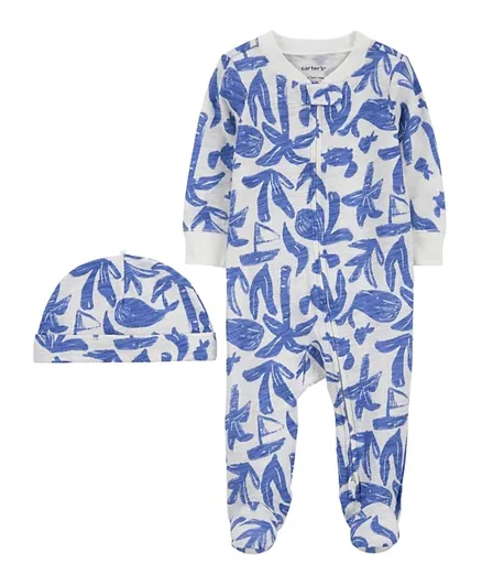 كارترز - طقم النوم بتصميم الحوت مع قبعة - أبيض/أزرق