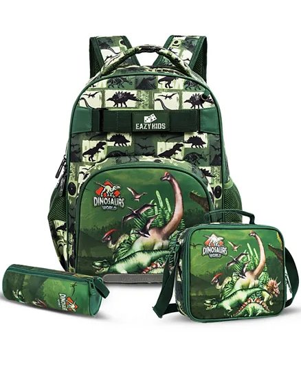 إيزي كيدز - مجموعة حقيبة مدرسية مع حقيبة طعام مع مقلمة برسومات ديناصور - أخضر - 18 انش