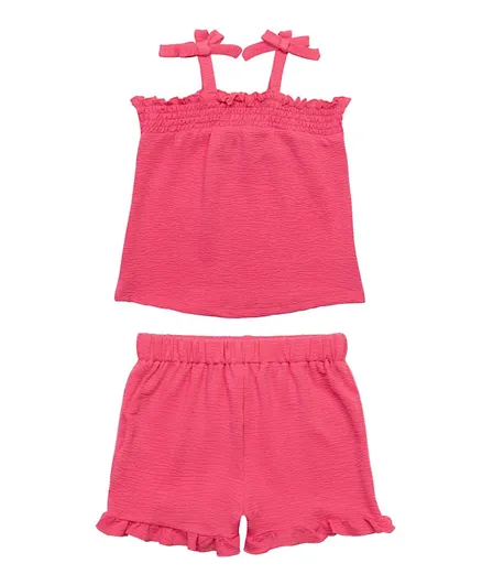 Minoti - Textured Co-Ord with Frilled Shorts and Bow Tie Top - Hot Pink