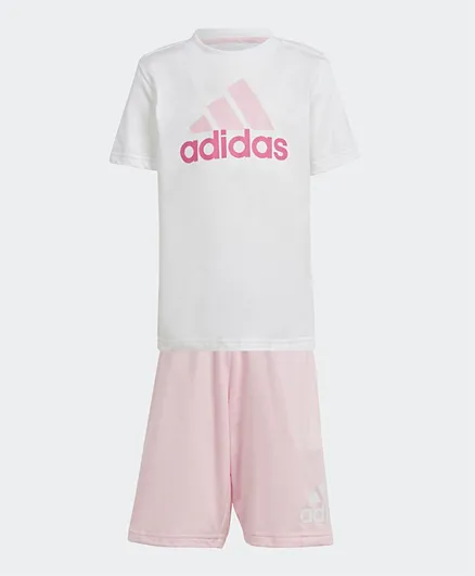 adidas Essentials Big Logo T-Shirt & Shorts Set - White & Pink