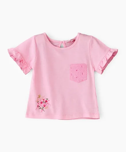 Jelliene Floral Graphic & Embroidered Pocket Top - Pink