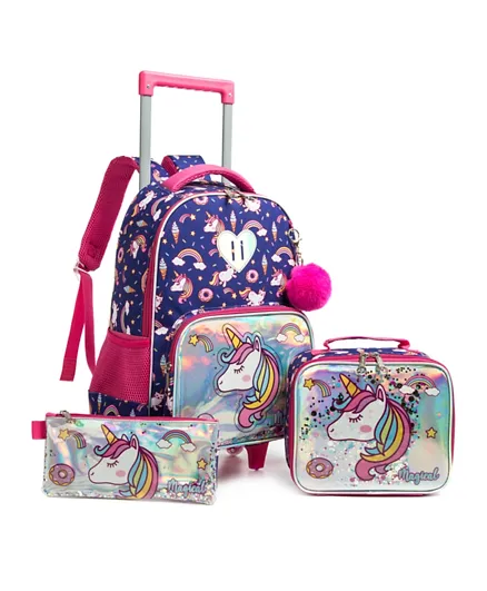 Eazy Kids - 16' Set of 3  Trolley School Bag Lunch Bag & Pencil Case Unicorn Chrome - Blue