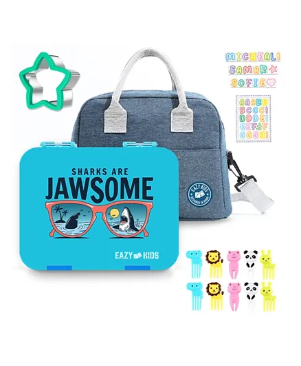 Eazy Kids - Jawsome 6/4 Compartment Bento Lunch Box w/ Lunch Bag - Blue