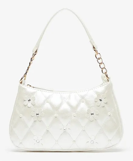 Little Missy Floral And Pearl Embellished Handbag - White