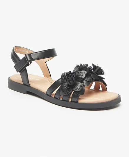 Little Missy - Floral Applique Sandals with Hook and Loop Closure - Black