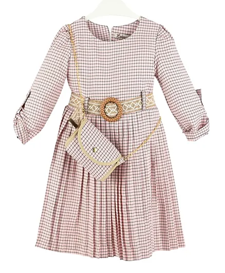Finelook - Girl Printed Checked Dress with Bag - Pink
