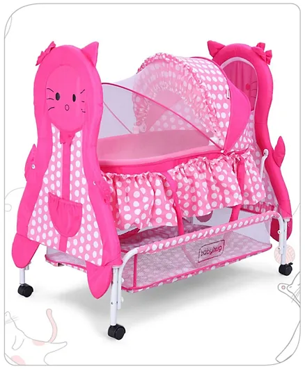 Babyhug Happy Kitty Print Bassinet With Mosquito Net - Pink