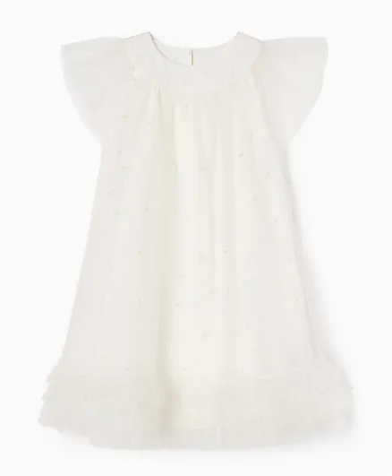Zippy Pearl Embellished Ruffled Dress - White