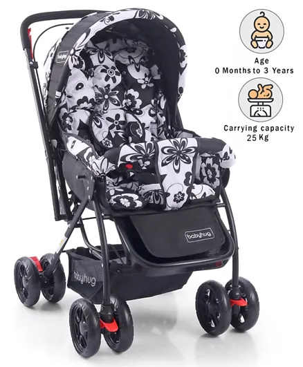 Babyhug Cosy Cosmo Stroller With Reversible Handle and Back Pocket - Black and White
