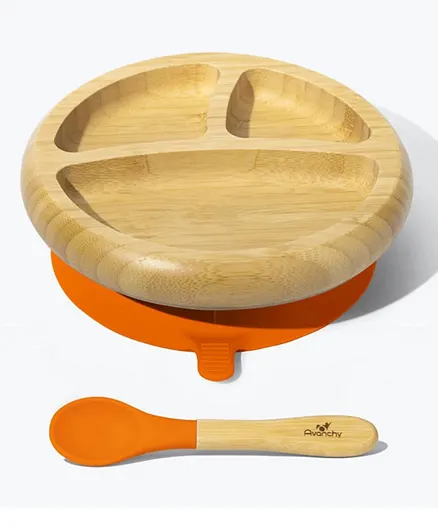 Avanchy Bamboo Suction Plate with Spoon - Orange