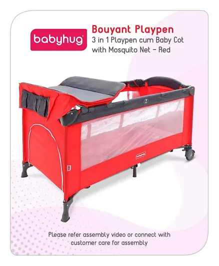Babyhug Bouyant 3 in 1 Playpen with Cot and Mosquito Net - Red