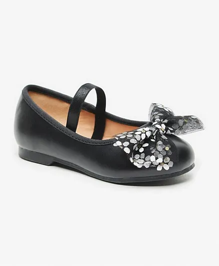 Juniors - Ballerina Shoes With Floral Bow Accent And Elasticated Strap - Black