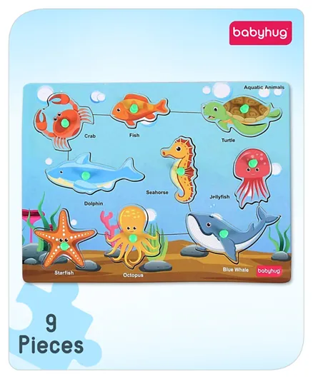 Babyhug Montessori Wooden Aquatic Animal Knob and Peg Puzzle - 9 Pieces
