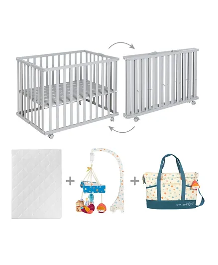 ROBA Wooden Foldable Playpen With Mattress And Musical Mobile Canopy & A Diaper Bag