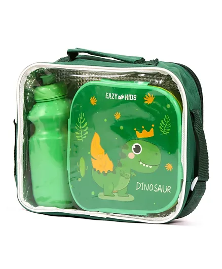 Eazy Kids Lunch Box and Water Bottle With Bag - Dino Green