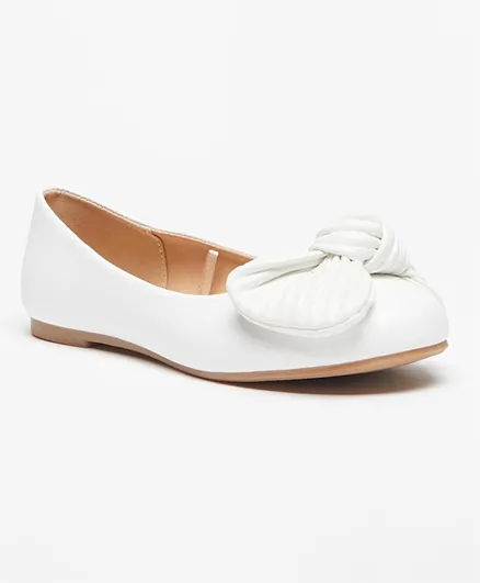 Little Missy Bow Detail Slip-On Round Toe Ballerina Shoes-WHITE