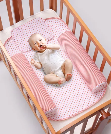 Babyhug 100% Premium Cotton Pillow Bolster & Diaper Changing Mat Set of 4- Polka Dots Red