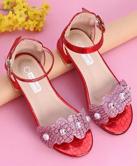 Cute Walk by Babyhug Party Wear Sandals Floral Applique - Red