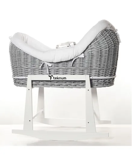 Teknum Infant Wicker Pod Moses Basket with White Waffle Beddings & White Rocker Stand - Wooden Grey