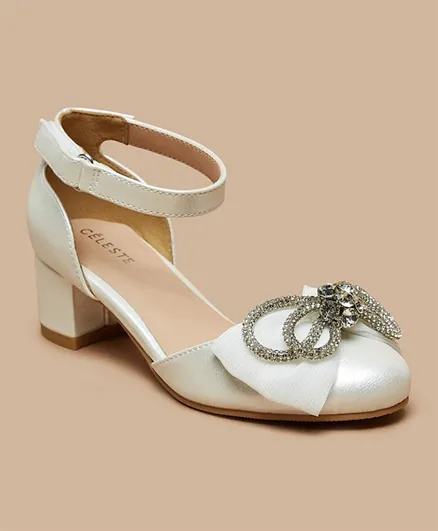 Celeste Girls' Bow Accented Block Heeled Ballerina Shoes-White
