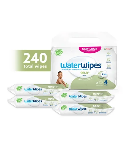WaterWipes Plastic Free Textured Clean, Toddler & Baby Wipes, 240 Count (4 Packs), 99.9% Water Based Wet Wipes & Unscented for Sensitive Skin