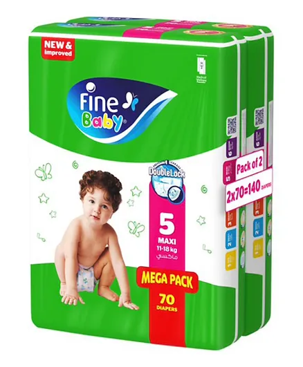 Fine Baby DoubleLock Mega Pack of 2 Diapers Maxi Size 5 - 140 Diapers + JustLife Voucher FREE