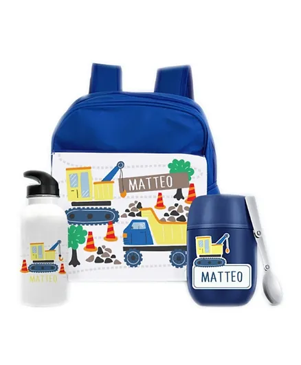 Essmak Construction Crazy Personalized Thermos and Backpack Set Blue - 11 Inches