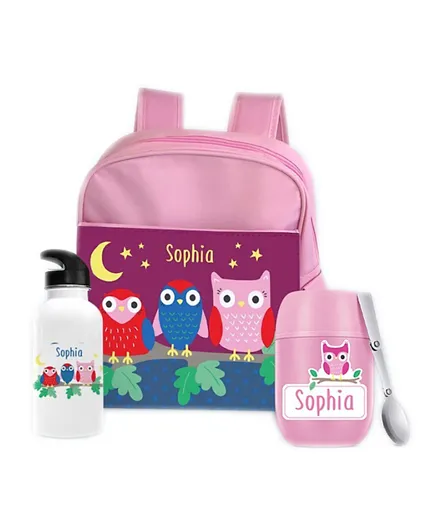 Essmak Nocturnal Hoots Personalized Thermos and Backpack Set Pink - 11 Inches