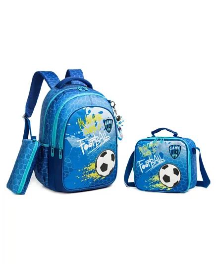 حقيبة مدرسية مع حقيبة غداء ومقلمة بتصميم كرة القدم من إيزي كيدز - أزرق