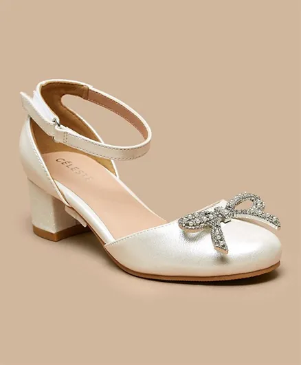 Celeste Girls' Bow Accented Block Heeled Ballerina Shoes-White
