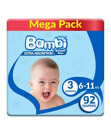 بامبي - حفاضات اطفال ميجا ، مقاس 3 - 92 حفاضة