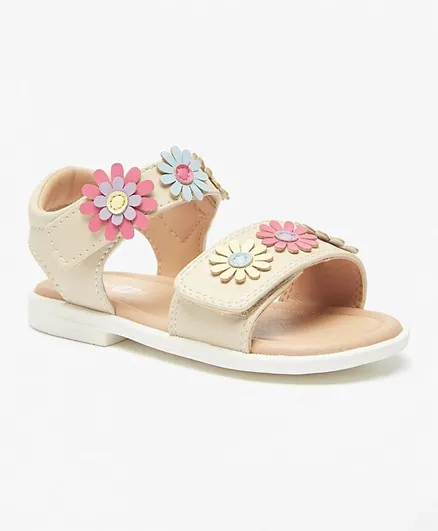 Barefeet - Floral Applique Detail Floaters with Hook and Loop Closure - Beige