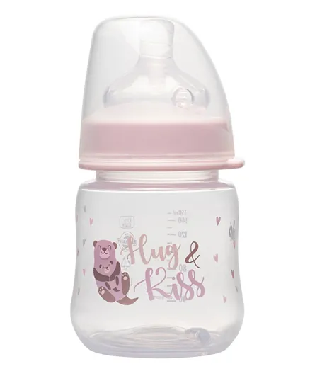 Nip Wide Neck Pp Bottle With Round Silicone Teat - Hug & Kiss Pink - 150 Ml