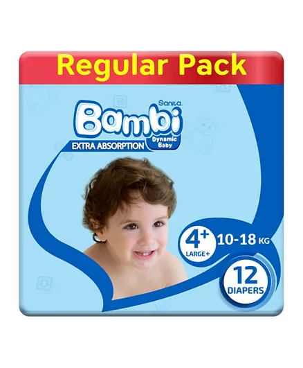 Sanita Bambi Baby Diapers Regular Pack Extra Absorption Large+ Size 4 + - 12 Pieces