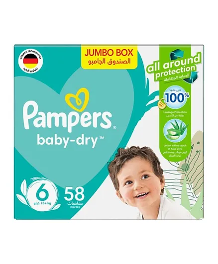 Pampers Baby-Dry Taped Diapers with Aloe Vera Lotion Jumbo Box Size 6 - 58 Pieces