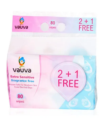 Vauva - Baby Wipes (80 Pcs) With Lid 45 Gsm 100% Cotton 3 Bags (2+1)(Total 240 Pieces)
