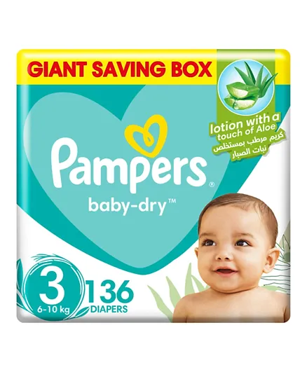 Pampers Baby Dry Taped Diapers with Aloe Vera Lotion Giant Saving Box Size 3 - 136 Pieces