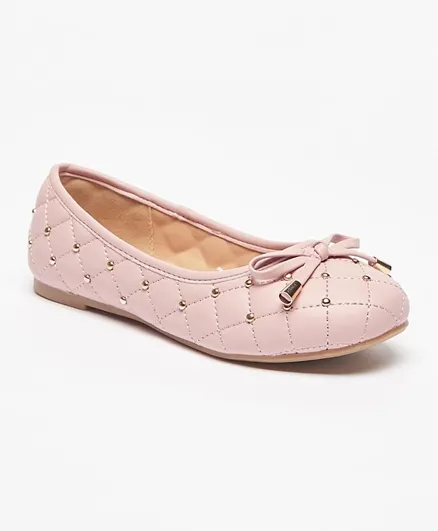Little Missy - Quilted Slip-On Round Toe Ballerina Shoes with Bow Accent - Pink