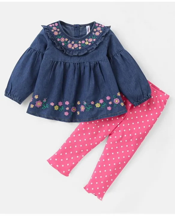 Babyhug Cotton Knit Full Sleeves Frock with Leggings Floral Printed - Blue