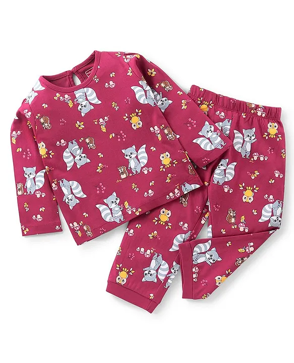 Babyhug Cotton Knit Full Sleeves Night Suit Animals Print Red