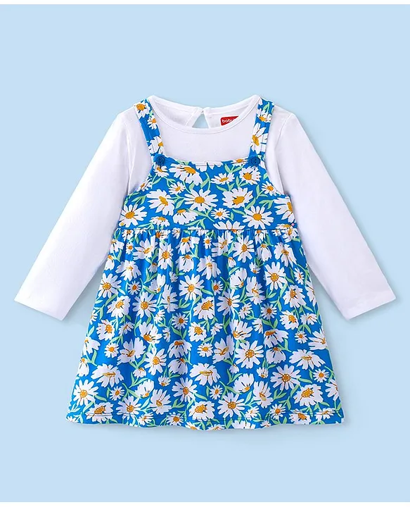 Babyhug Cotton Knit Full Sleeves Frock with Leggings Floral Printed - Blue