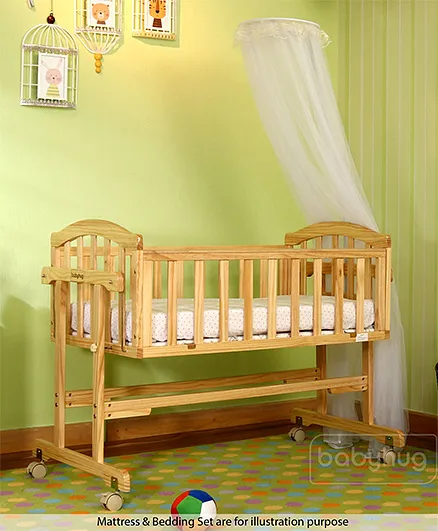 Babyhug Ionia Wooden Cradle with Wheels Mosquito Net for 06 Months Natural Finish Locking Pin Teething Rails Online in KSA Buy at Best Price from FirstCry.sa 1694306