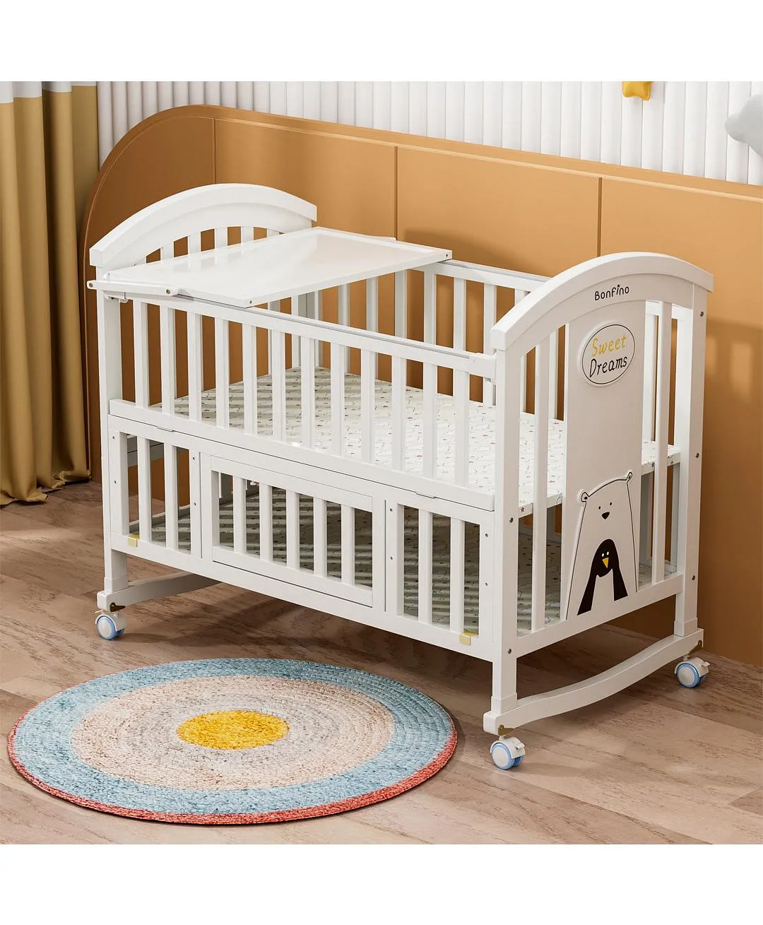 Bonfino Dream Luxe Cot and Rocking Bed Swivel Wheels Rocking Function 3 Level Adjustable Height 123 x 75 x 19 cm 0 Months White Online in KSA Buy at Best Price from FirstCry.sa 15790158